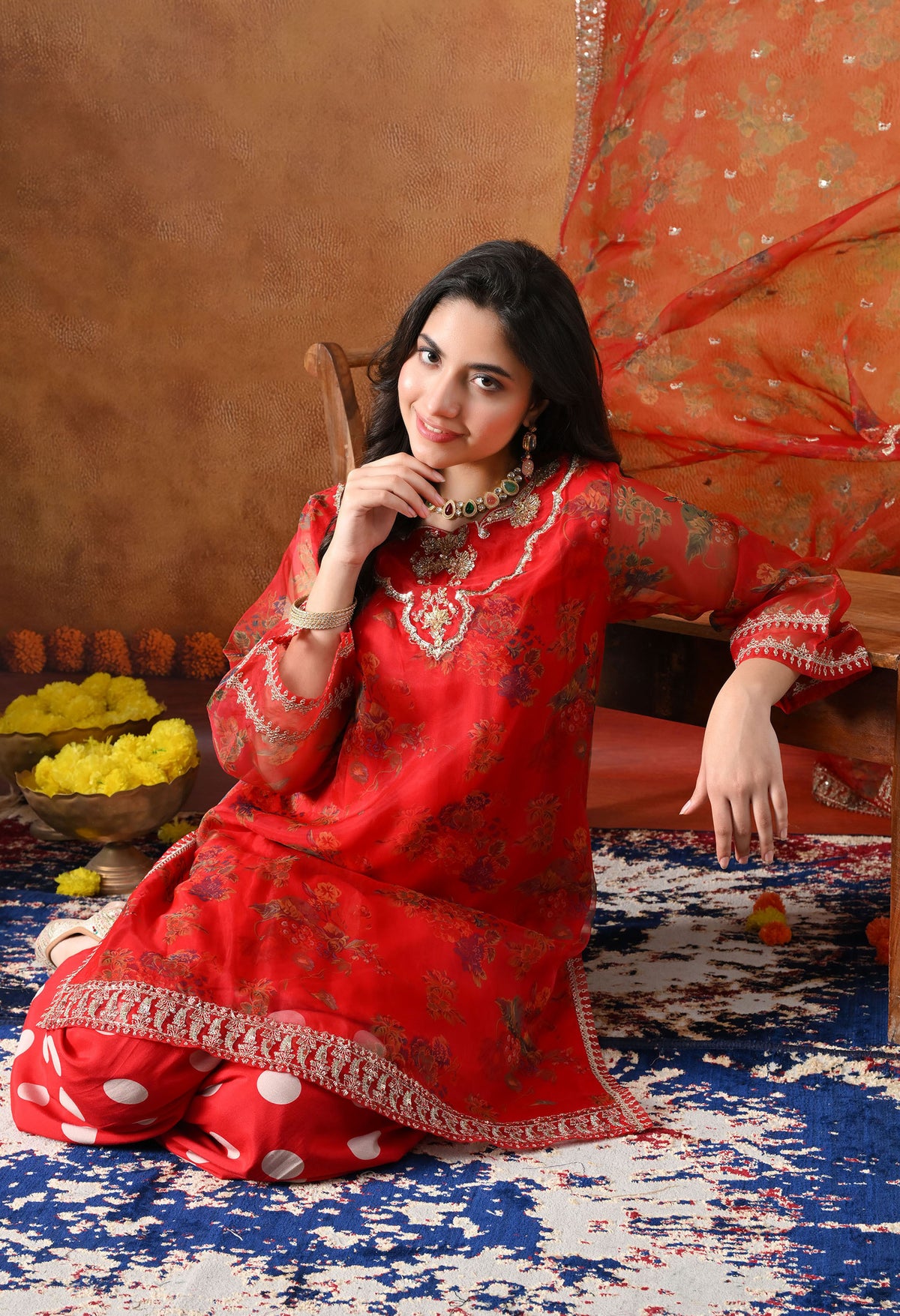 Elegant Red Organza Kurta Set with Farshi Salwar & Matching Dupatta