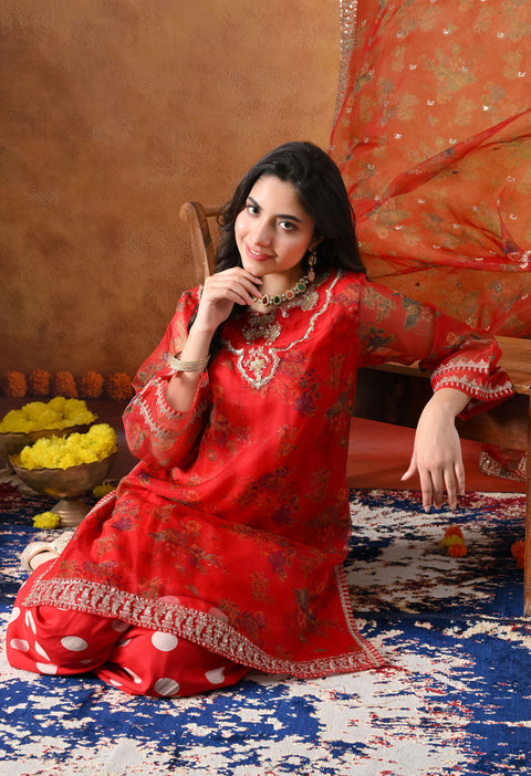 Elegant Red Organza Kurta Set with Farshi Salwar & Matching Dupatta