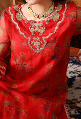 Elegant Red Organza Kurta Set with Farshi Salwar & Matching Dupatta