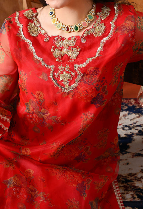Elegant Red Organza Kurta Set with Farshi Salwar & Matching Dupatta