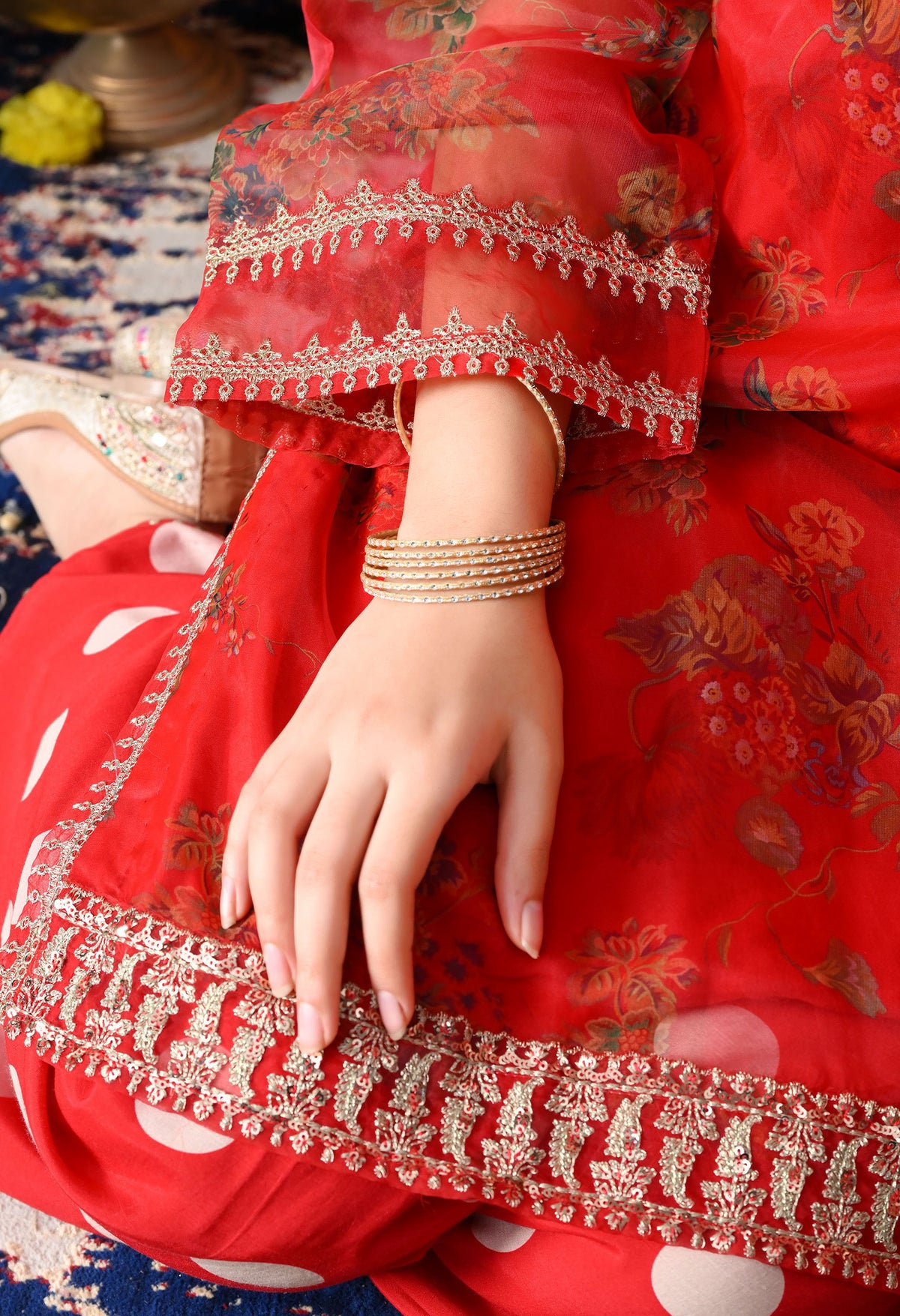 Elegant Red Organza Kurta Set with Farshi Salwar & Matching Dupatta