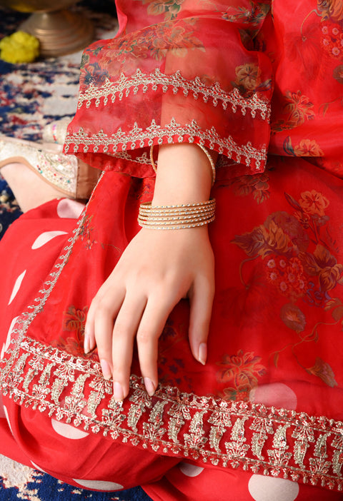 Elegant Red Organza Kurta Set with Farshi Salwar & Matching Dupatta