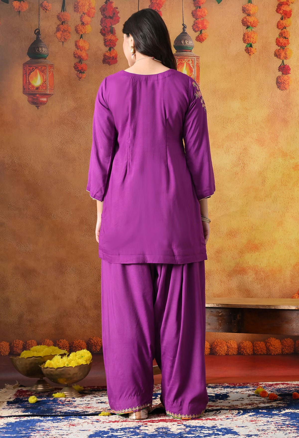 Elegant Purple Cotton Silk Kurta Set with Farshi Salwar & Net Dupatta