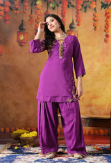 Elegant Purple Cotton Silk Kurta Set with Farshi Salwar & Net Dupatta