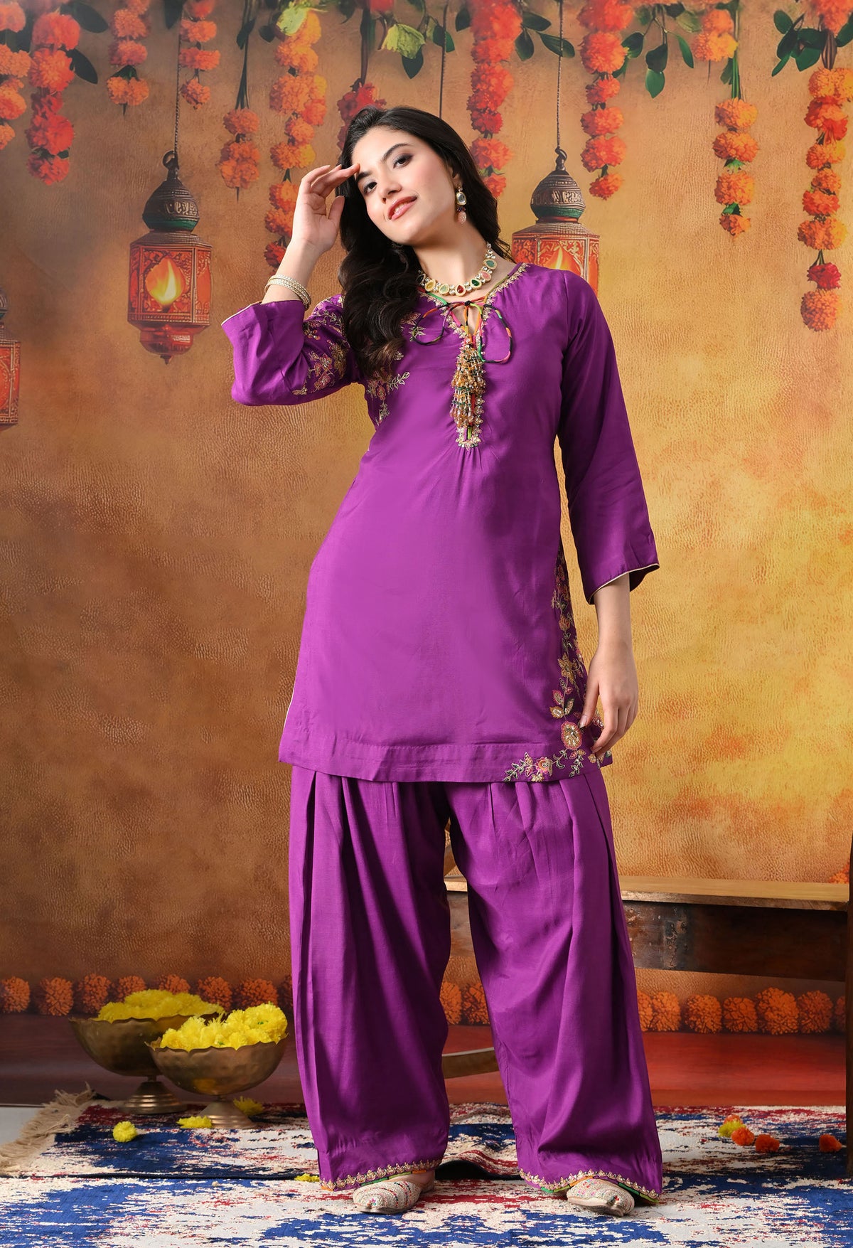 Elegant Purple Cotton Silk Kurta Set with Farshi Salwar & Net Dupatta