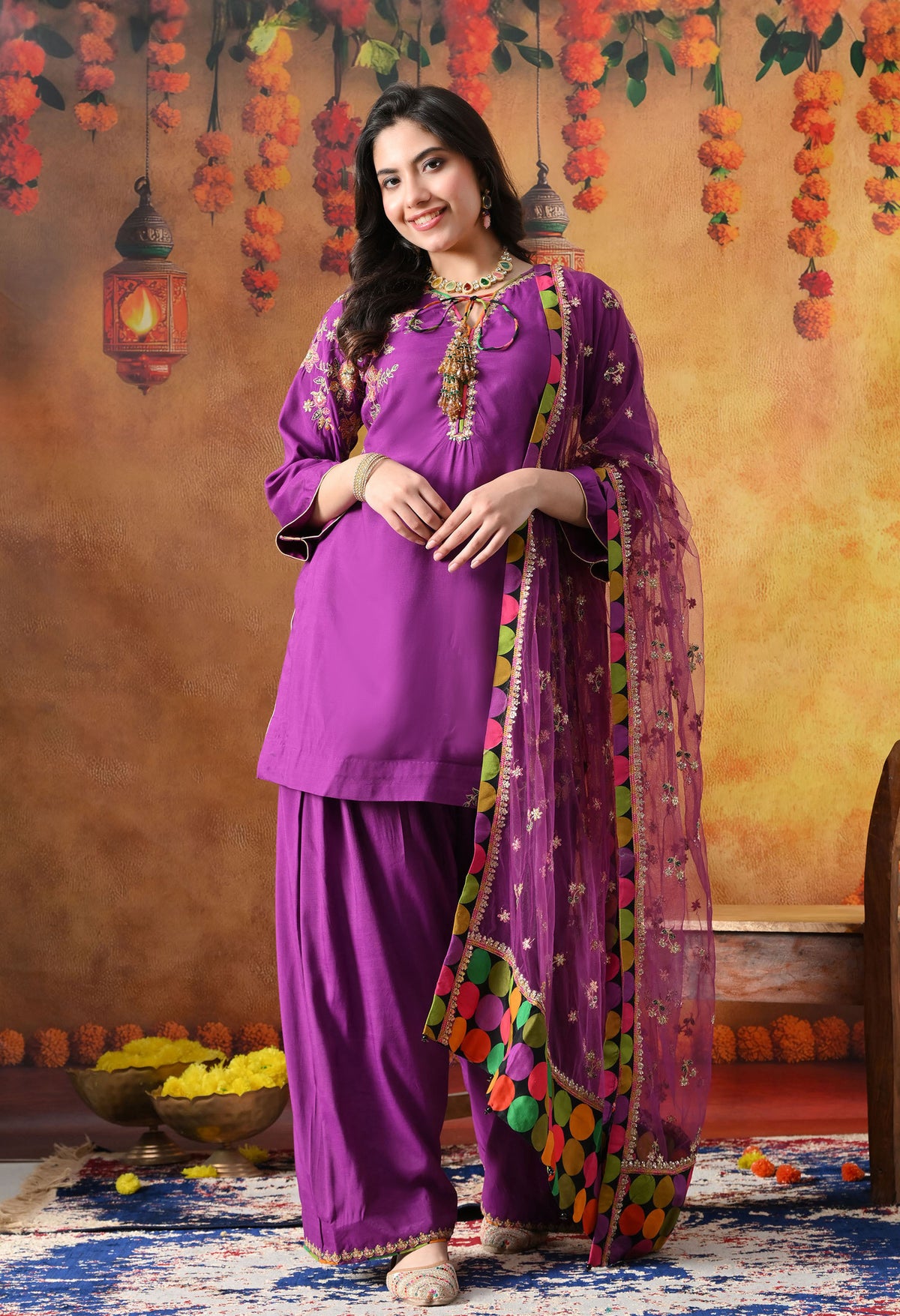 Elegant Purple Cotton Silk Kurta Set with Farshi Salwar & Net Dupatta