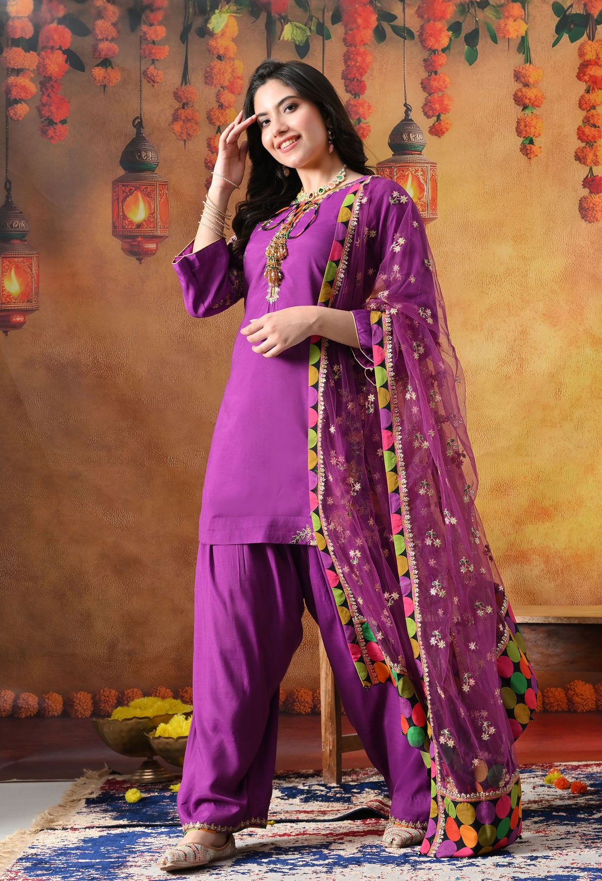 Elegant Purple Cotton Silk Kurta Set with Farshi Salwar & Net Dupatta