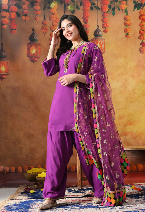 Elegant Purple Cotton Silk Kurta Set with Farshi Salwar & Net Dupatta