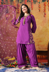 Elegant Purple Cotton Silk Kurta Set with Farshi Salwar & Net Dupatta