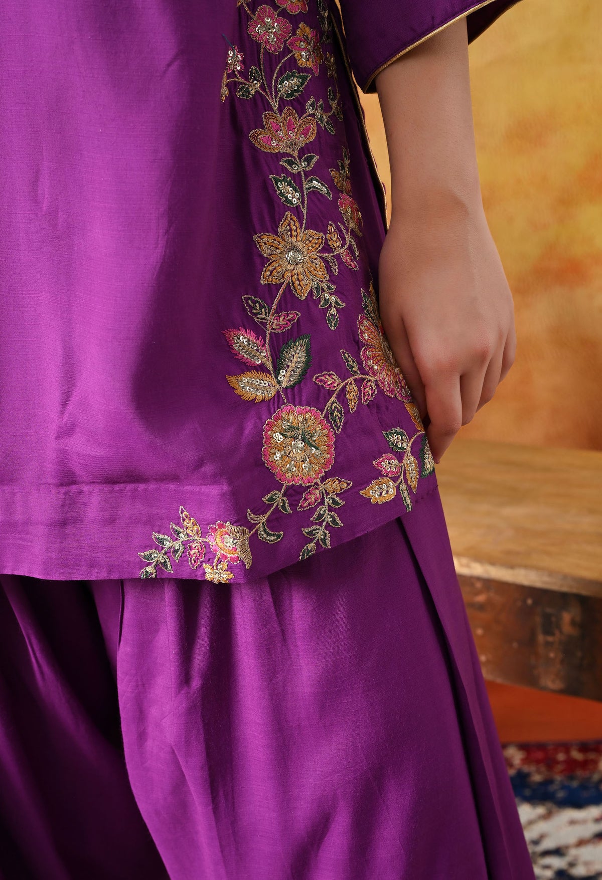 Elegant Purple Cotton Silk Kurta Set with Farshi Salwar & Net Dupatta