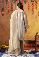 Golden Tissue Silk Kurta Set with Tissue Organza Dupatta & Umbrella Pants