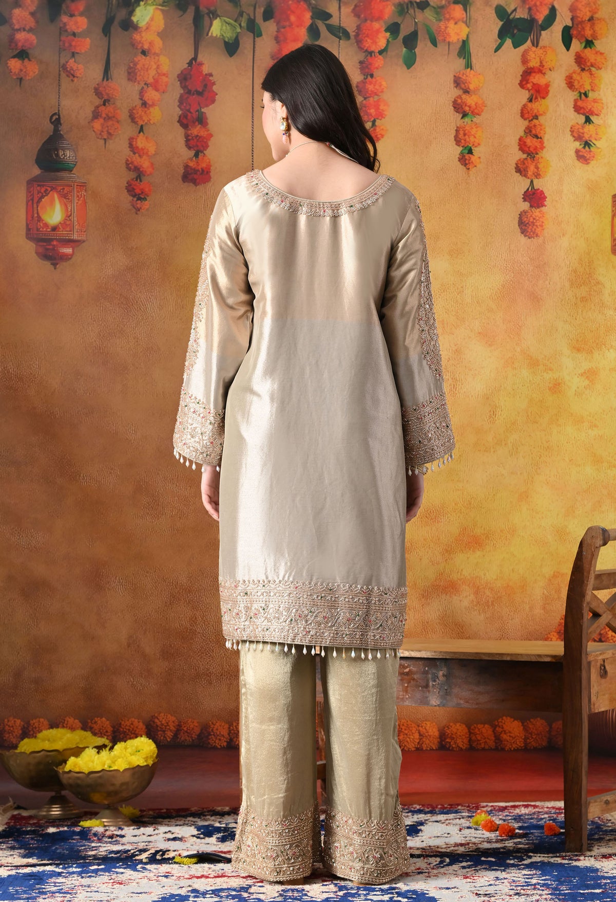 Golden Tissue Silk Kurta Set with Tissue Organza Dupatta & Umbrella Pants