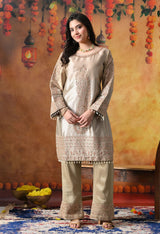 Golden Tissue Silk Kurta Set with Tissue Organza Dupatta & Umbrella Pants