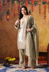 Golden Tissue Silk Kurta Set with Tissue Organza Dupatta & Umbrella Pants