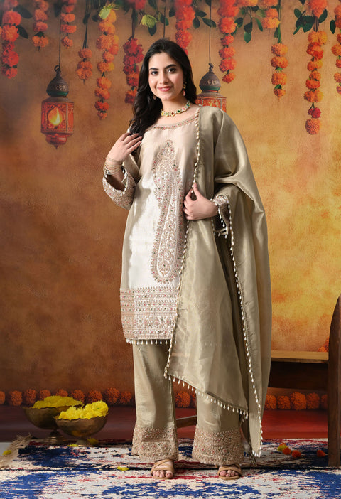 Golden Tissue Silk Kurta Set with Tissue Organza Dupatta &amp; Umbrella Pants