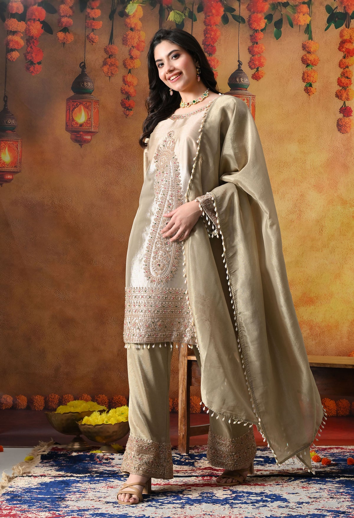 Golden Tissue Silk Kurta Set with Tissue Organza Dupatta & Umbrella Pants