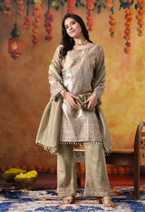 Golden Tissue Silk Kurta Set with Tissue Organza Dupatta & Umbrella Pants