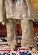 Golden Tissue Silk Kurta Set with Tissue Organza Dupatta & Umbrella Pants