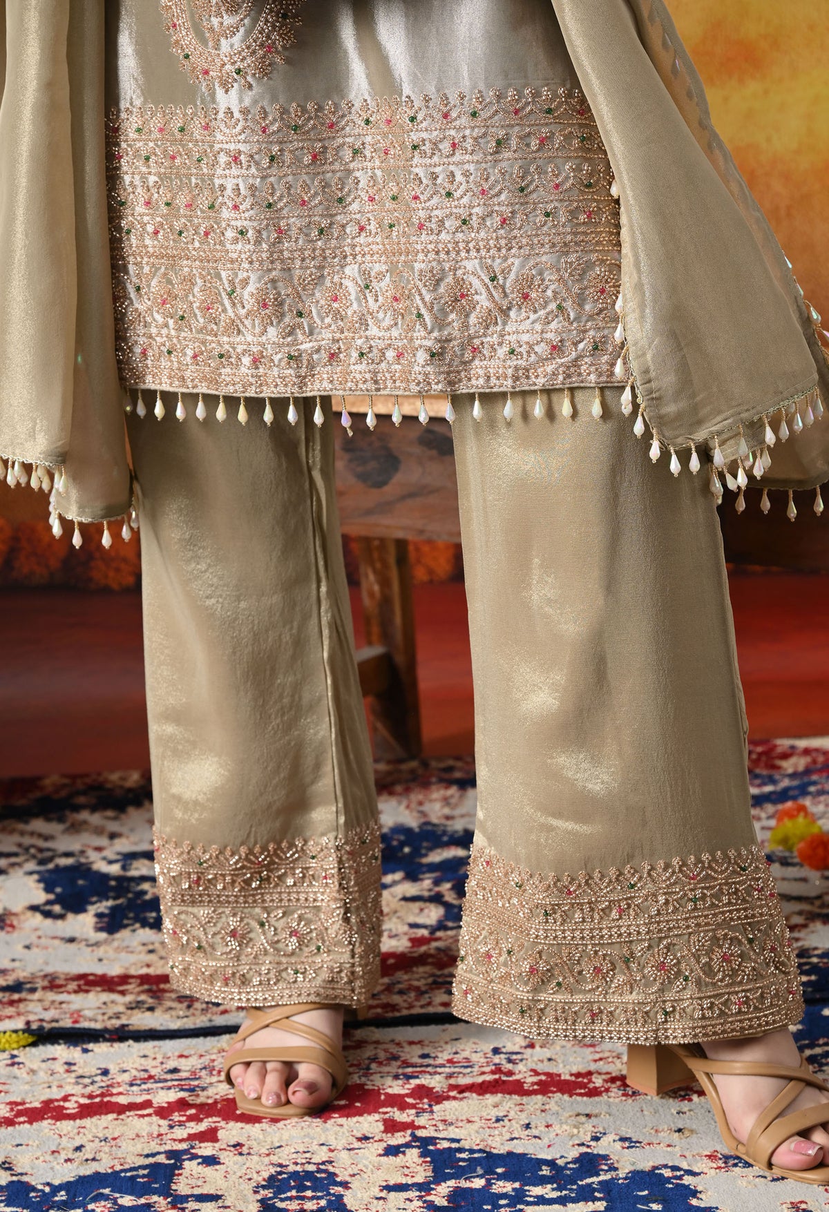 Golden Tissue Silk Kurta Set with Tissue Organza Dupatta & Umbrella Pants