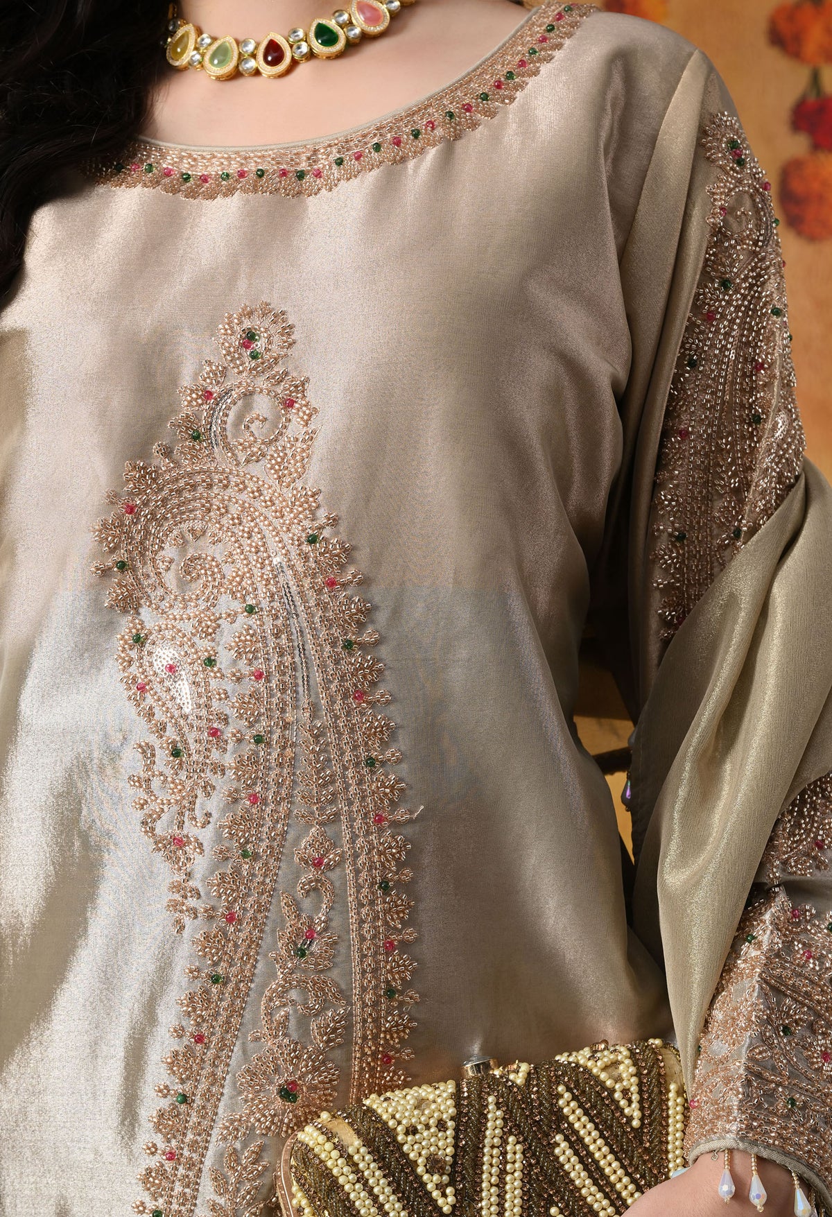 Golden Tissue Silk Kurta Set with Tissue Organza Dupatta & Umbrella Pants
