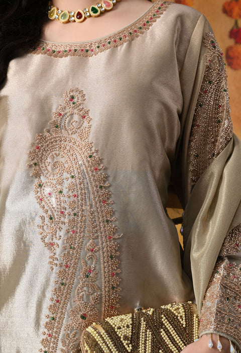 Golden Tissue Silk Kurta Set with Tissue Organza Dupatta &amp; Umbrella Pants