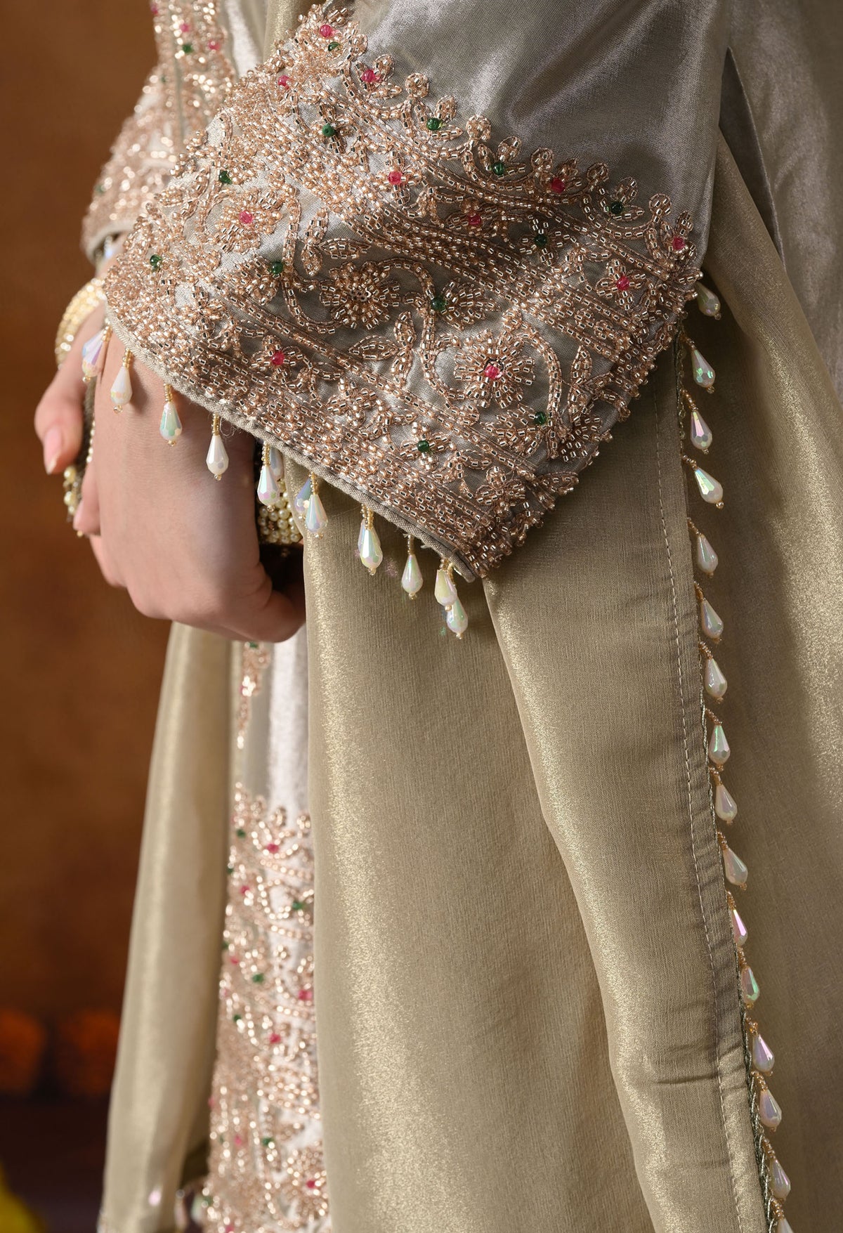 Golden Tissue Silk Kurta Set with Tissue Organza Dupatta & Umbrella Pants