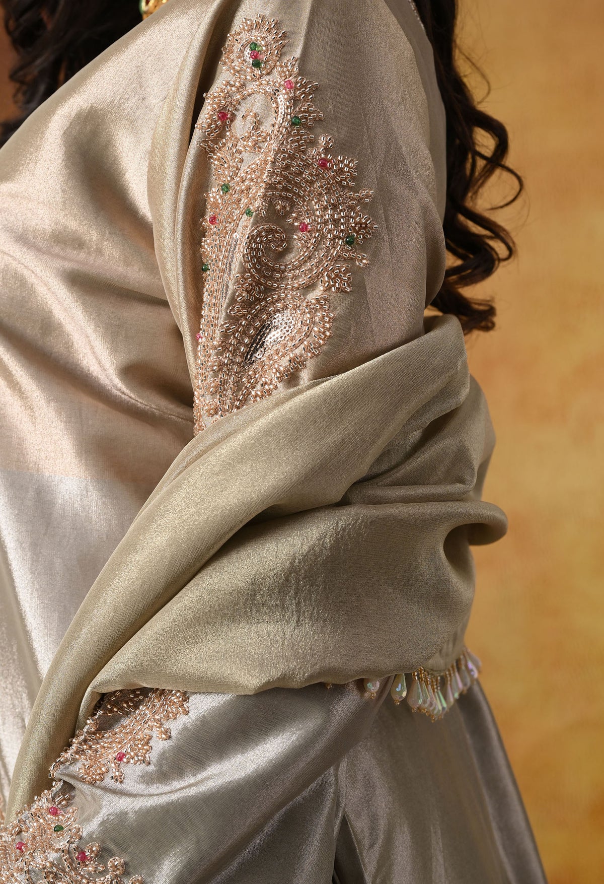 Golden Tissue Silk Kurta Set with Tissue Organza Dupatta & Umbrella Pants