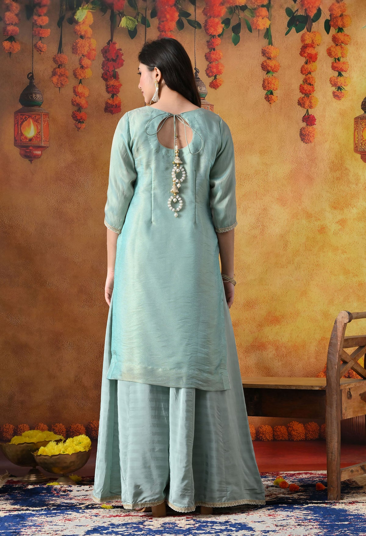 Sapphire Blue Tissue Organza Sharara Set with Matching Dupatta