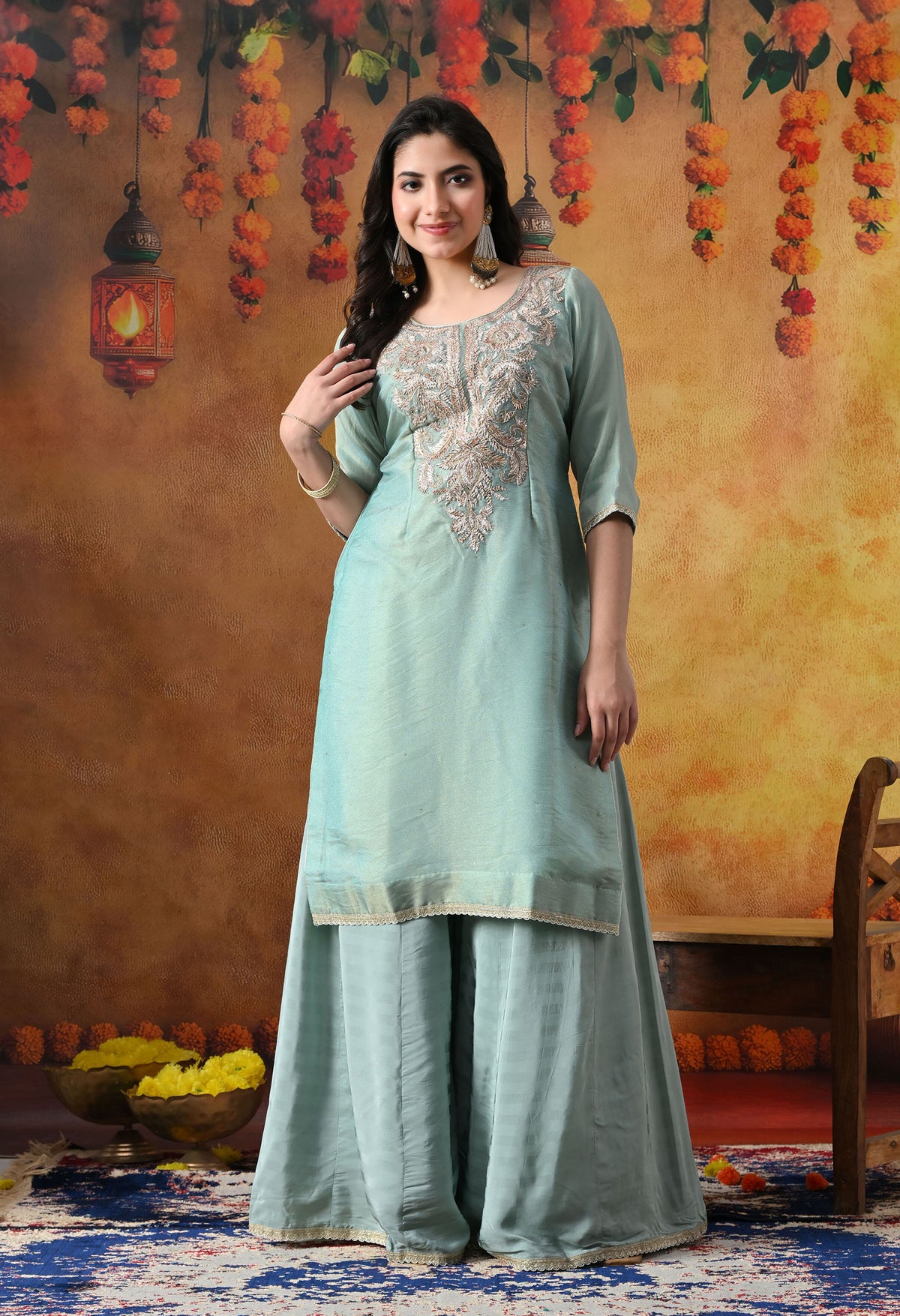 Sapphire Blue Tissue Organza Sharara Set with Matching Dupatta