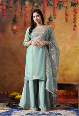 Sapphire Blue Tissue Organza Sharara Set with Matching Dupatta