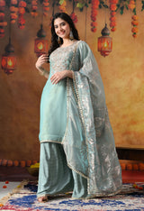 Sapphire Blue Tissue Organza Sharara Set with Matching Dupatta