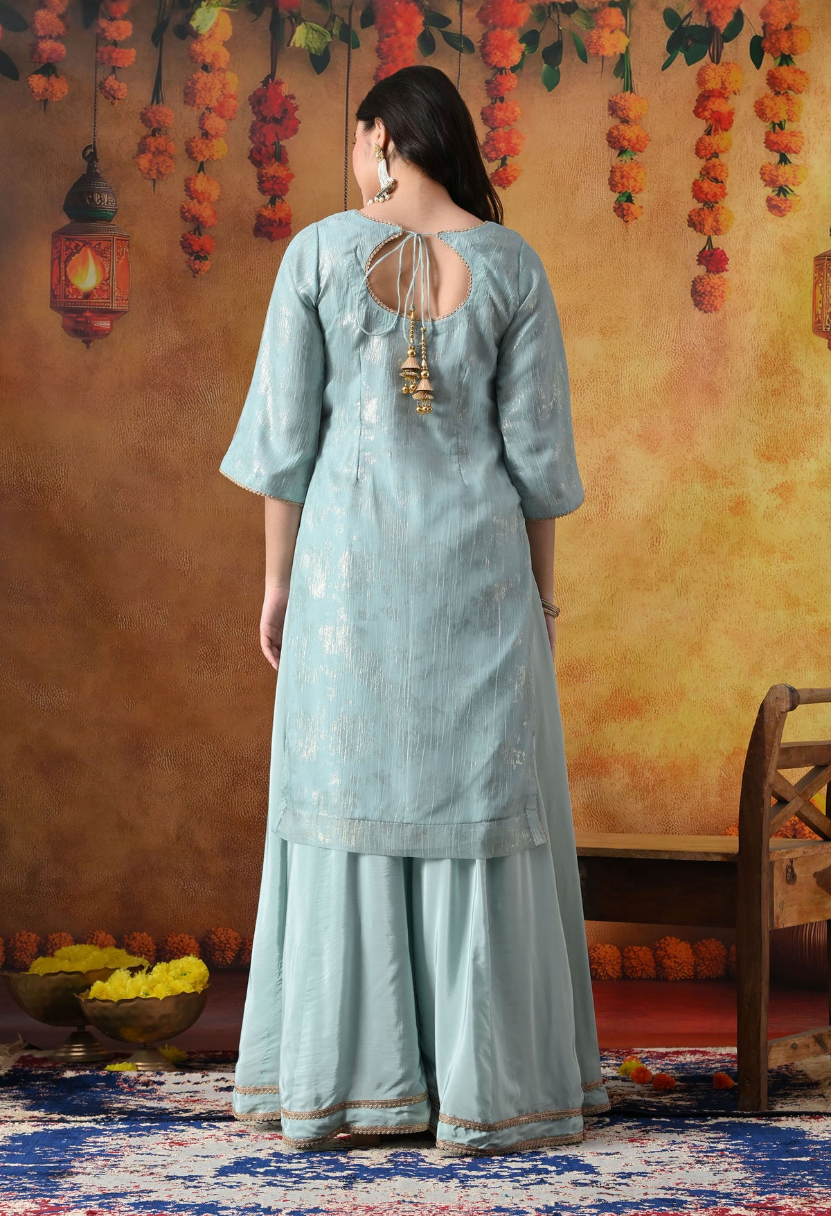 Sky Blue Crust Organza Sharara Set with Pink & Blue Dupatta