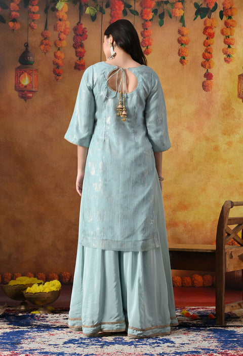 Sky Blue Crust Organza Sharara Set with Pink & Blue Dupatta