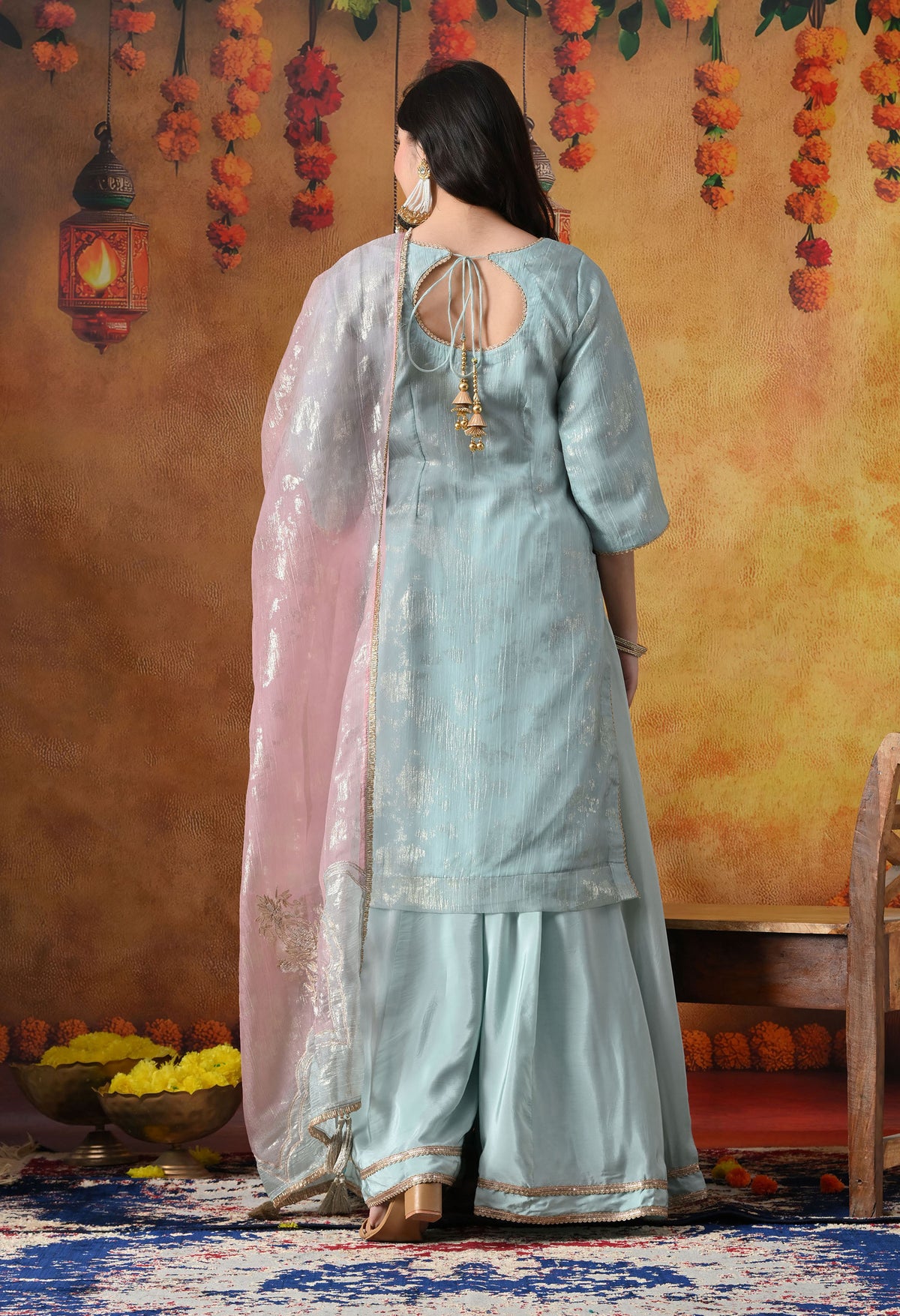 Sky Blue Crust Organza Sharara Set with Pink & Blue Dupatta