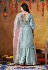 Sky Blue Crust Organza Sharara Set with Pink & Blue Dupatta