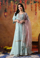 Sky Blue Crust Organza Sharara Set with Pink & Blue Dupatta