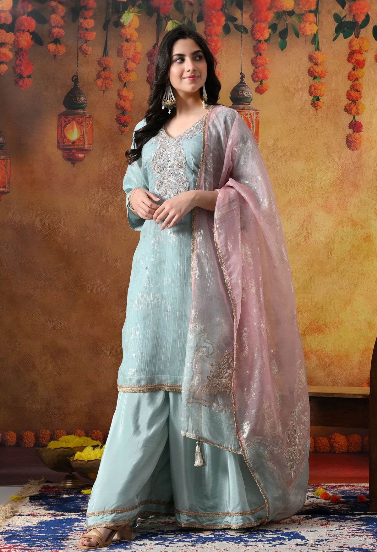 Sky Blue Crust Organza Sharara Set with Pink & Blue Dupatta