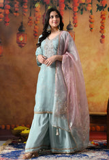 Sky Blue Crust Organza Sharara Set with Pink & Blue Dupatta