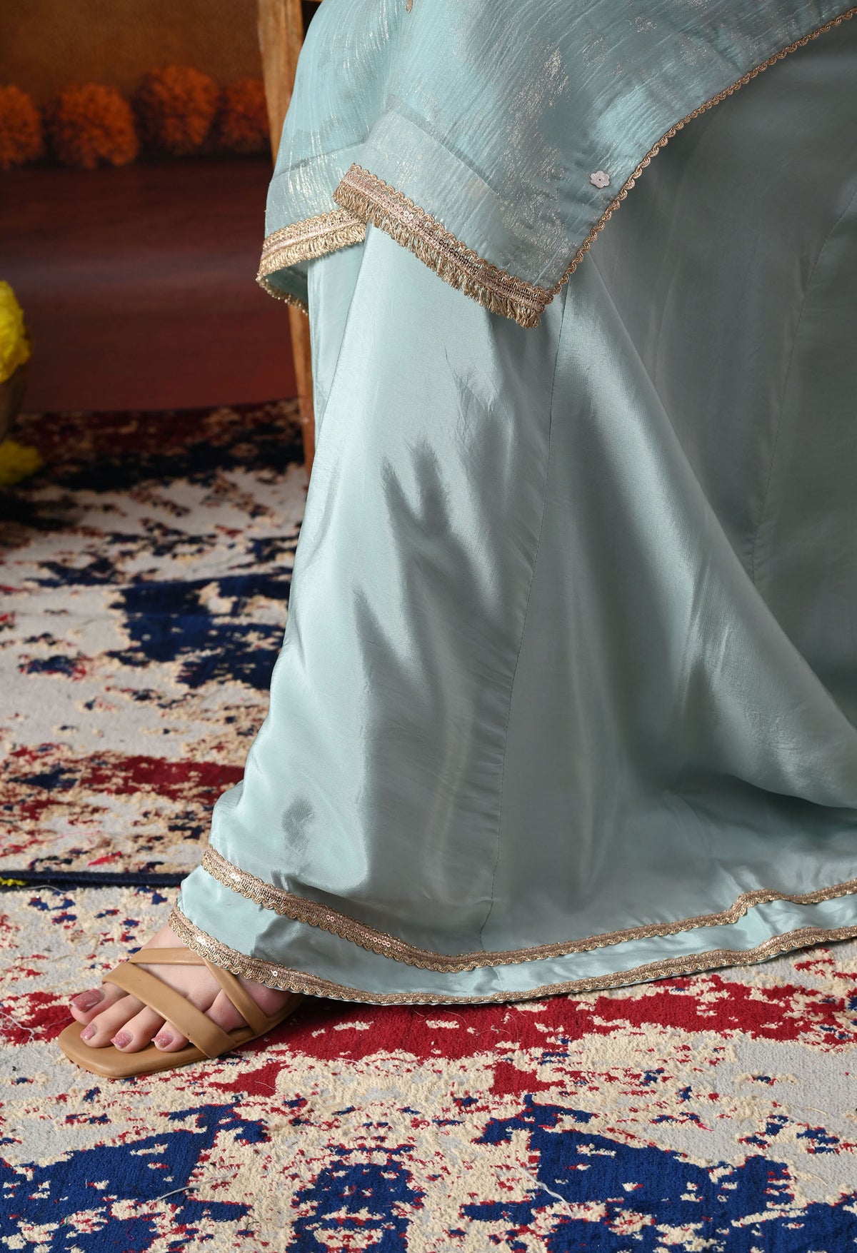 Sky Blue Crust Organza Sharara Set with Pink & Blue Dupatta