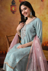 Sky Blue Crust Organza Sharara Set with Pink & Blue Dupatta