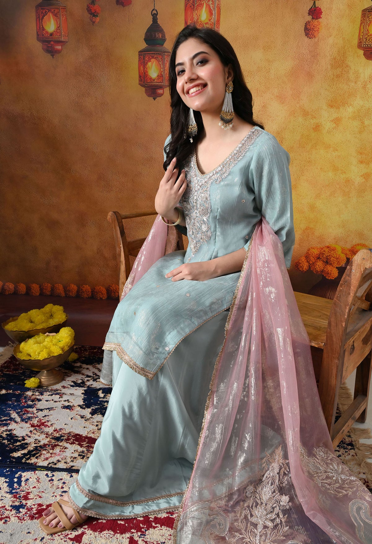 Sky Blue Crust Organza Sharara Set with Pink & Blue Dupatta