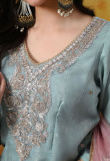 Sky Blue Crust Organza Sharara Set with Pink & Blue Dupatta