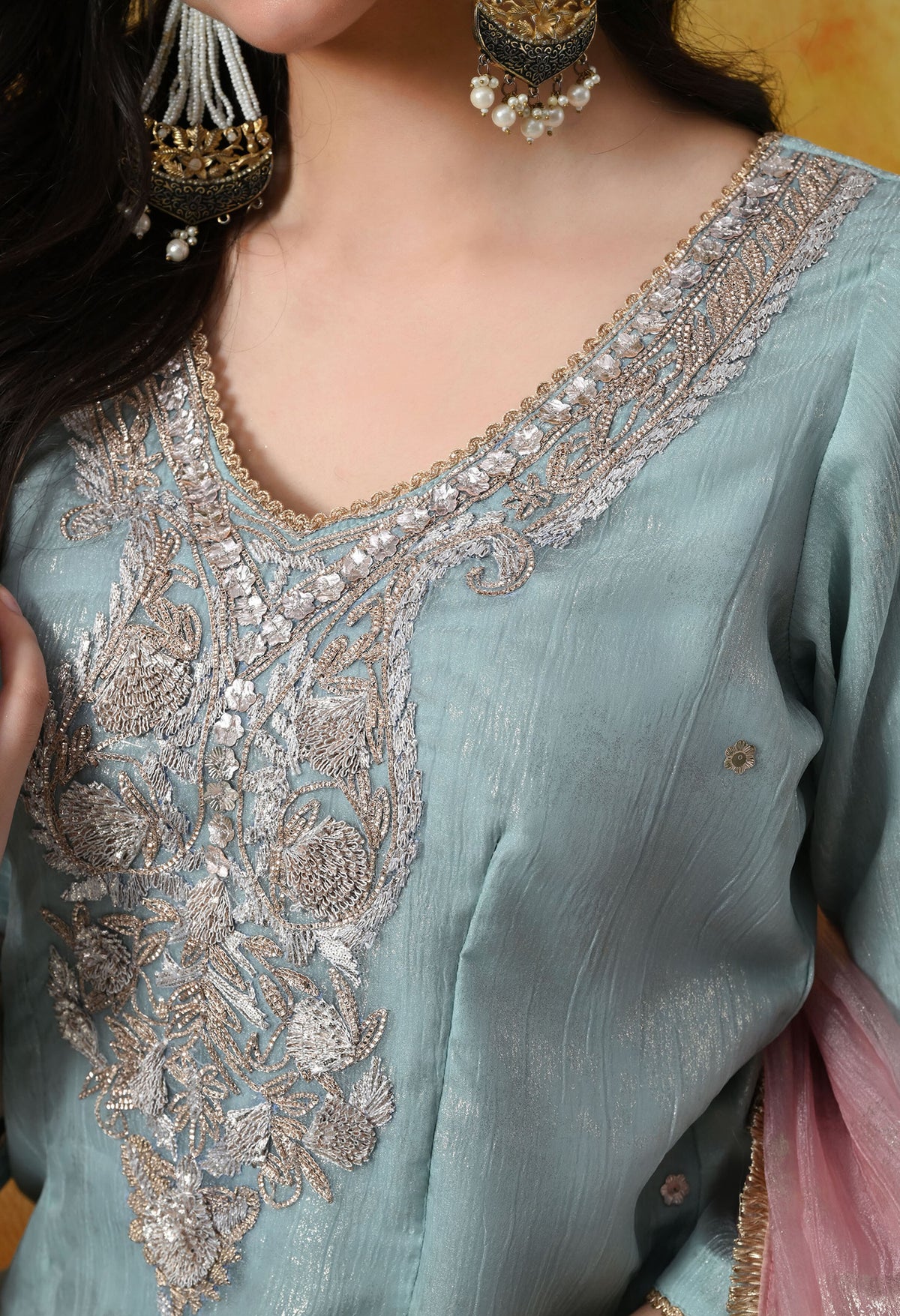 Sky Blue Crust Organza Sharara Set with Pink & Blue Dupatta