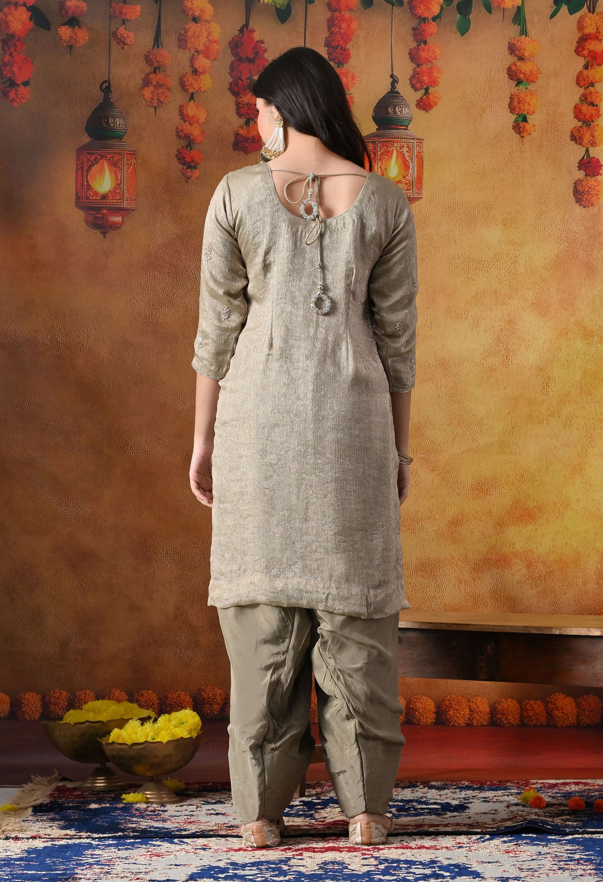 Grey Crust Tissue Kurta Set with Farshi Salwar & Matching Dupatta