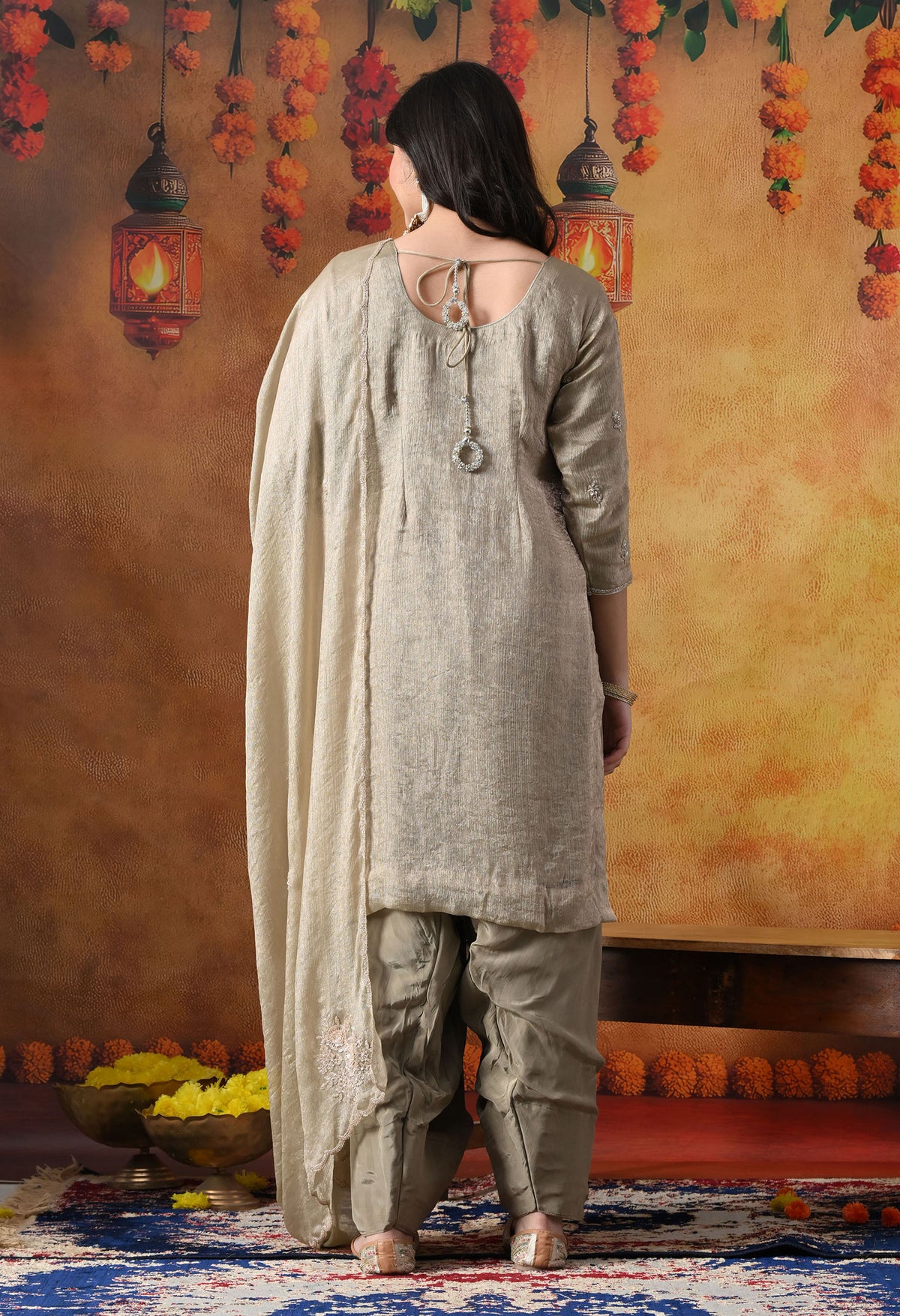 Grey Crust Tissue Kurta Set with Farshi Salwar & Matching Dupatta
