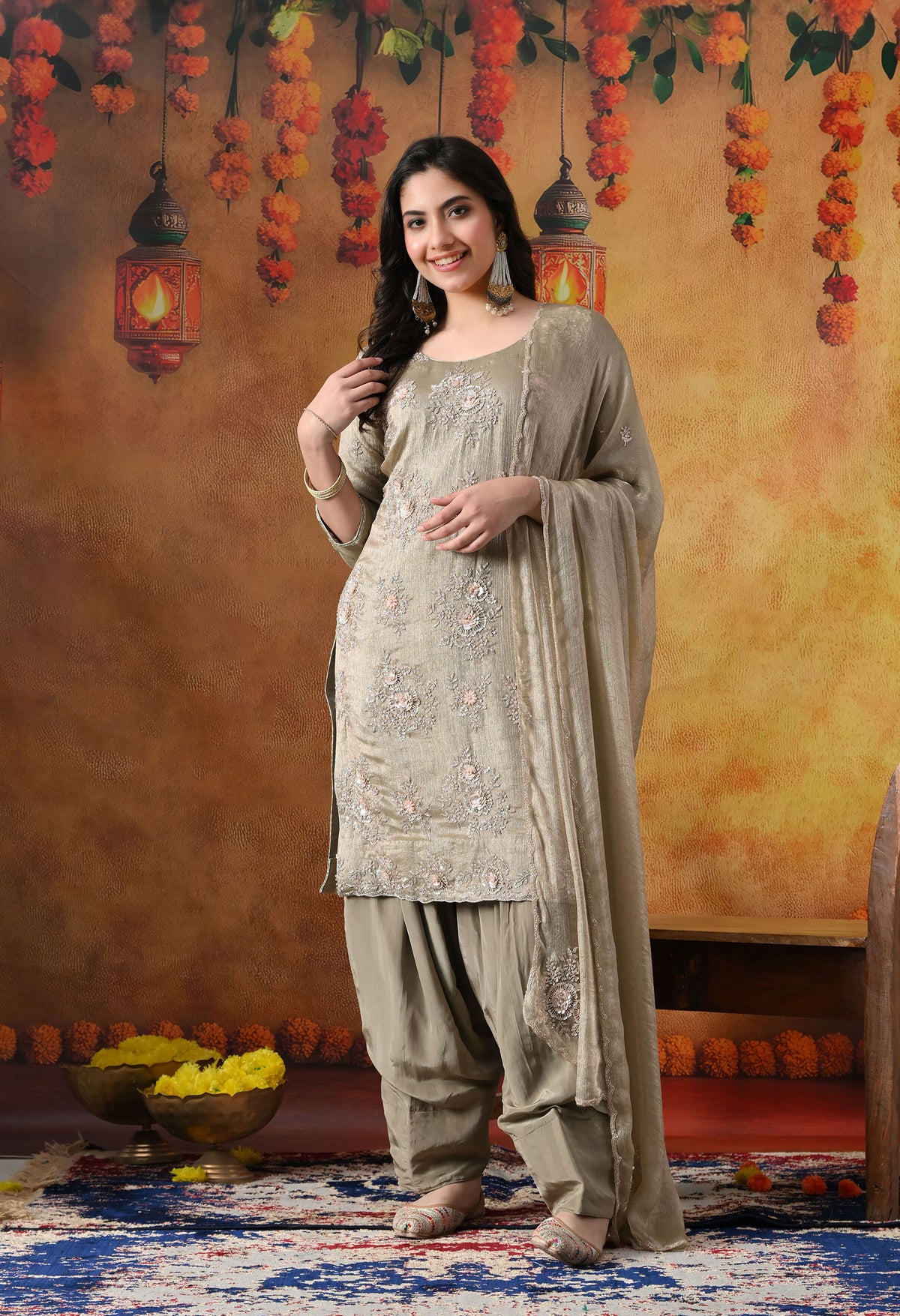 Grey Crust Tissue Kurta Set with Farshi Salwar & Matching Dupatta