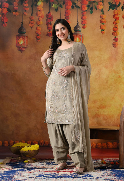 Grey Crust Tissue Kurta Set with Farshi Salwar & Matching Dupatta