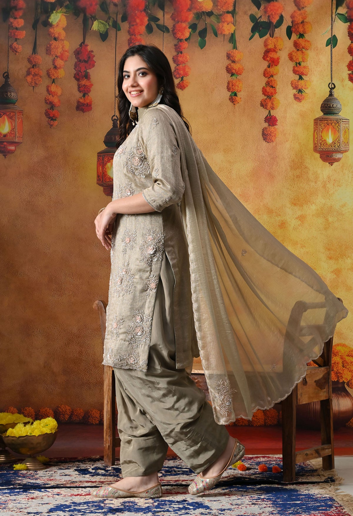Grey Crust Tissue Kurta Set with Farshi Salwar & Matching Dupatta