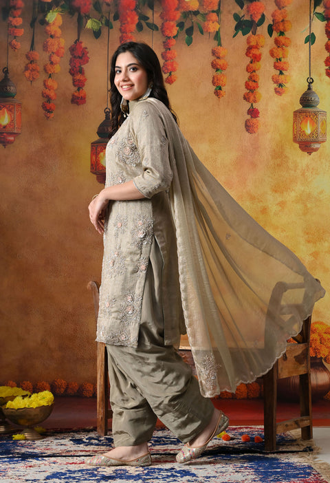 Grey Crust Tissue Kurta Set with Farshi Salwar & Matching Dupatta