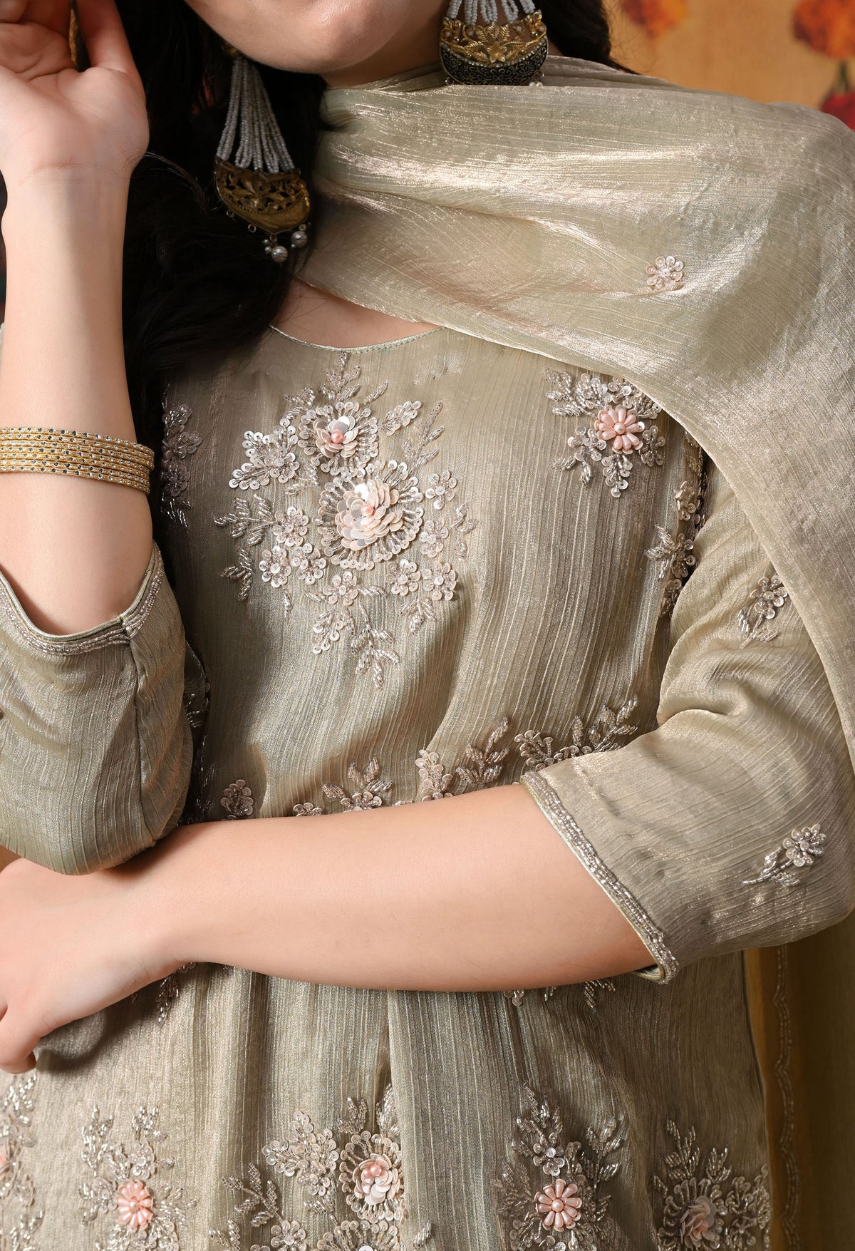 Grey Crust Tissue Kurta Set with Farshi Salwar & Matching Dupatta